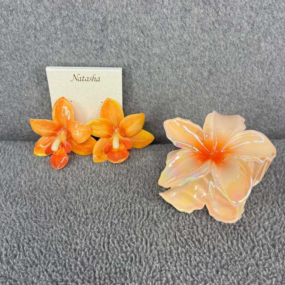 Natasha Flower Earring & Hair Clip Set Orange Orchid Tropical Hibiscus Bora